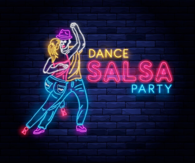 Vector salsa dance party neon light with dancing couple