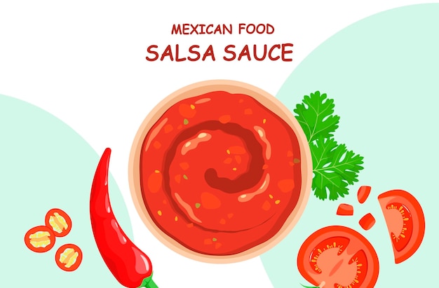 Vector salsa sauce with ingredients. mexican food.