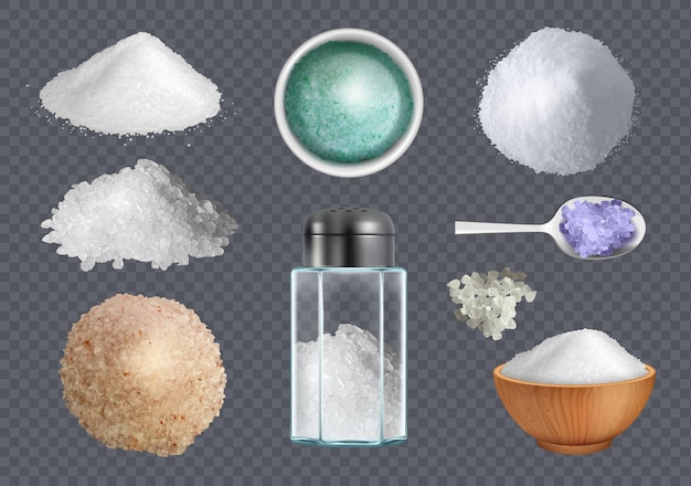 Salt for food kitchen preparing products ingredients decent vector realistic salt illustrations set