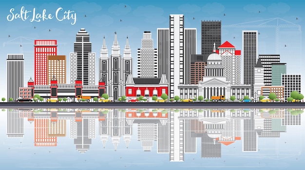 Salt lake city skyline with gray buildings blue sky and reflections vector illustration