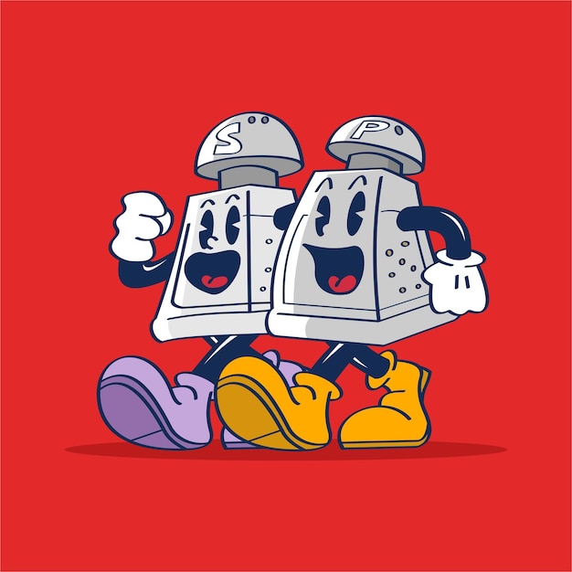 salt and pepper cartoon character walking together with happy face vector hand drawing