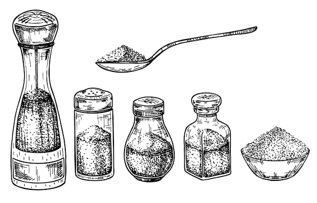 Коллекция солонок и перечниц Эскиз контейнеров для специй Ложка с солью Набор