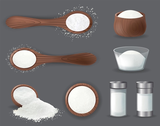 Vector salt realistic set of isolated icons piles of edible salt of different fracture with salt cellars d ...