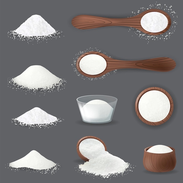 Salt realistic set of isolated icons piles of edible salt of different fracture with salt cellars