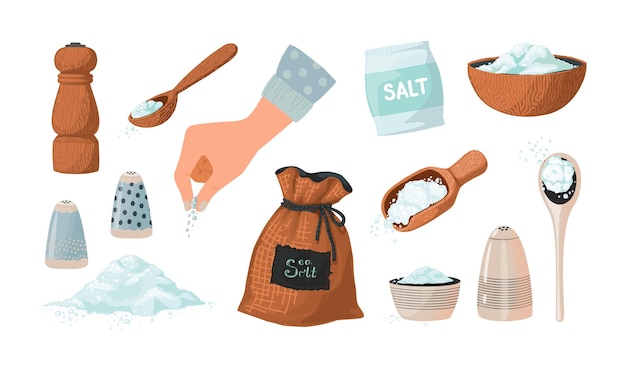 Vector salt set sketch hand drawn salty seasoning in spoons and bowls isolated glass bottles and wooden mills with sea crystals mineral spice powder piles cooking ingredient collection vector condiment