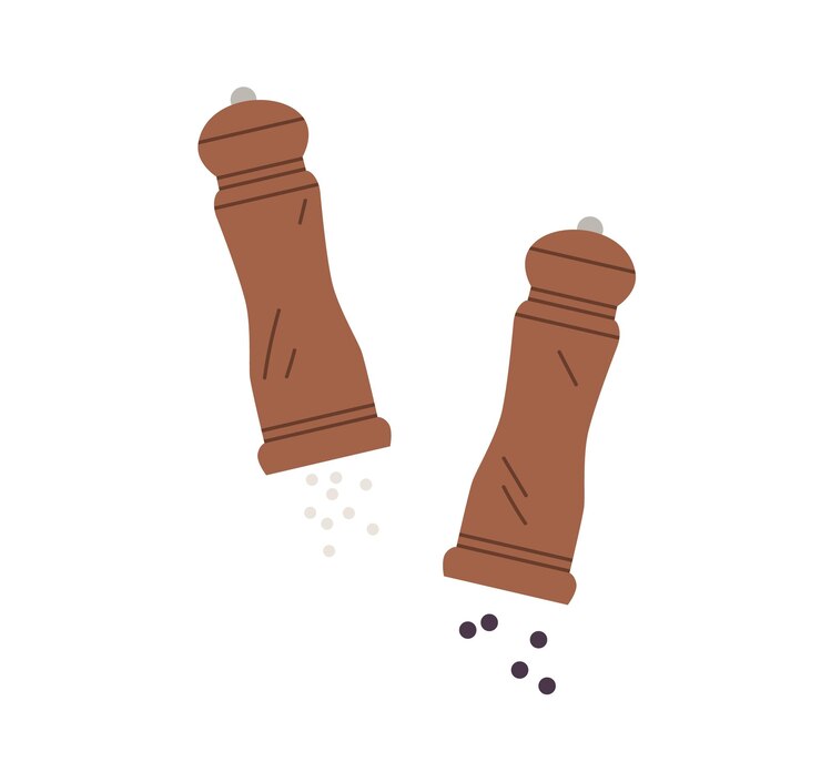 Vector salt shaker and black pepper mill with sprinkling seasonings. wood bottles and grinders for condiments. spices in saltshaker and peppermill. flat vector illustration isolated on white background