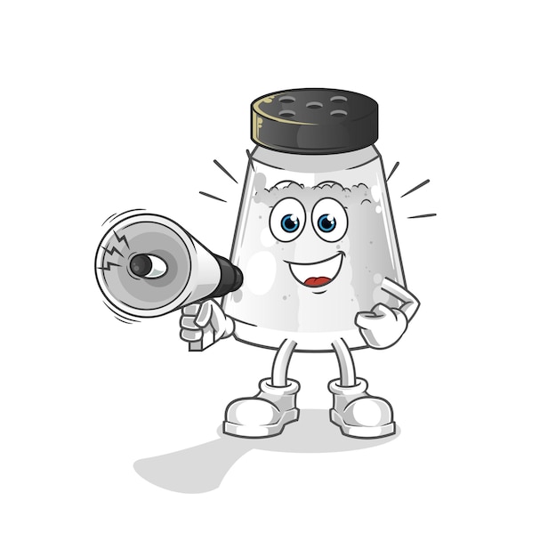 Salt shaker holding hand loudspeakers vector cartoon character