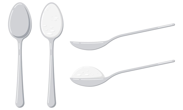 Vector salt in spoon vector illustration. flat design cartoon style spoon with sugar, salt, flour or other cooking ingredient. top and front view. teaspoon side view powder for tea, coffee. baking ingredient