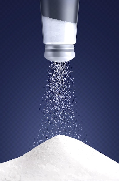 Vector salt vertical composition with realistic image of salt cellar turned upside down with pouring salt particles illustration
