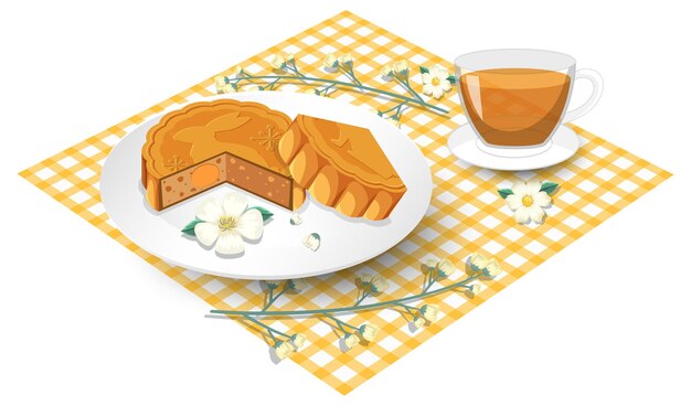 Лунный пирог из соленого яичного желтка и чашка на скатерти