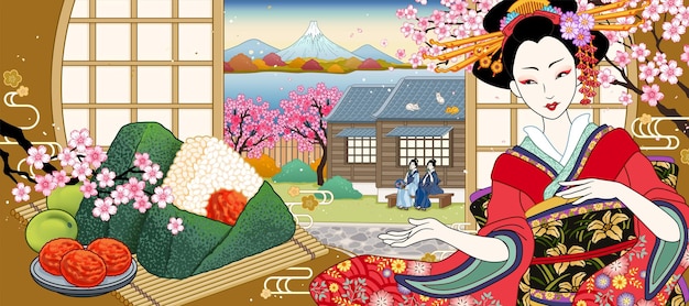 Реклама рисовых шариков из соленой сливы с красивыми гейшами и цветущей вишней в стиле укиёэ