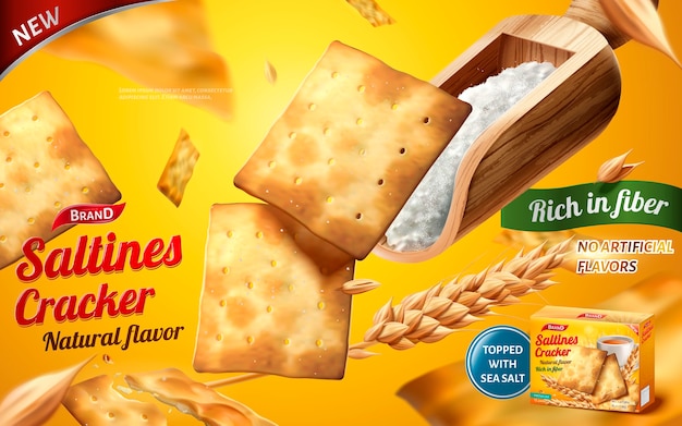 Saltines cracker advertenties, smakelijke saltines met een bolletje zeezout geïsoleerd op gele achtergrond