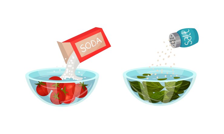 Vector salting greenery and pouring soda in bowl with steeping tomato as vegetable cooking process vector set