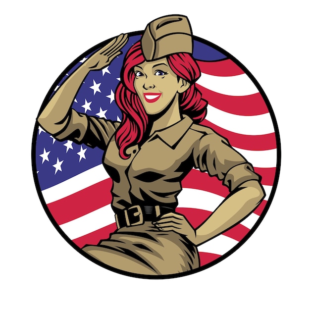 背景に旗を持つアメリカの第二次世界大戦の女性兵士に敬礼