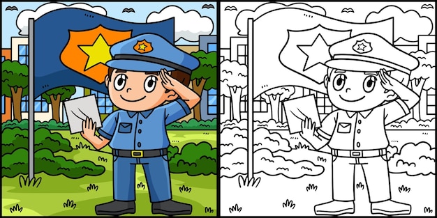 Saluting police officer coloring page illustration