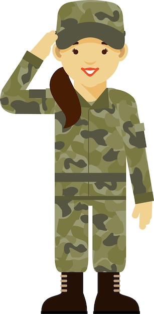 カモフラージュの軍服とフラットスタイルのヘルメットを着た若い女性兵士に敬礼