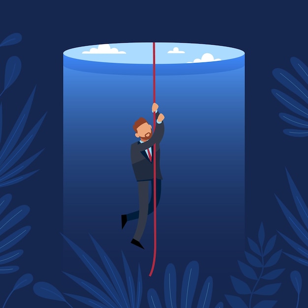 Salvation way out of difficult situation Rope climbing or descending into dark Businessman hides from difficulties postponing decision making escape vector cartoon flat concept