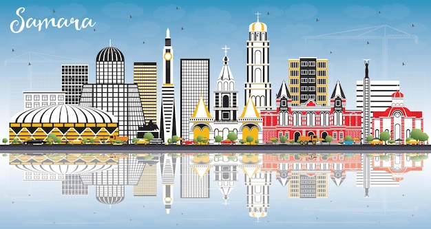 Samara Russia City Skyline with Color Buildings, Blue Sky and Reflections. Vector Illustration. Business Travel and Tourism Concept with Modern Architecture. Samara Cityscape with Landmarks.