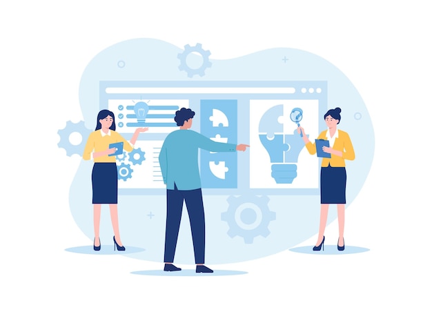 Samen op zoek naar zakelijke oplossingen via online jigsaw bulb trending flat illustration
