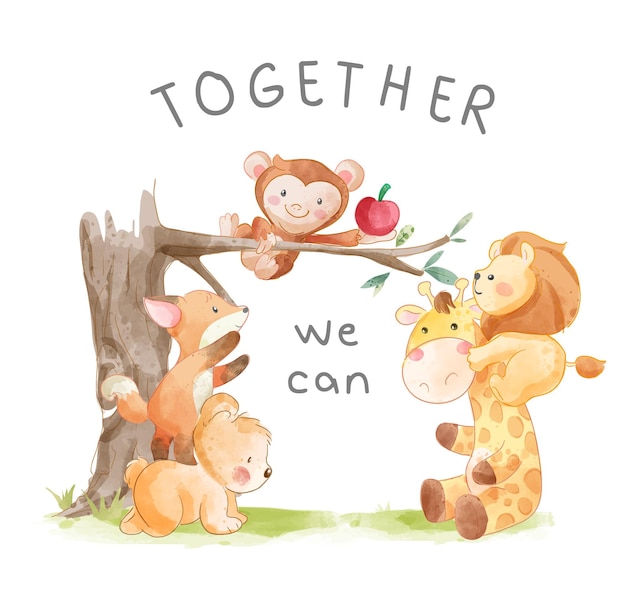 samen slogan met cartoon wilde dieren klimmen boom illustratie