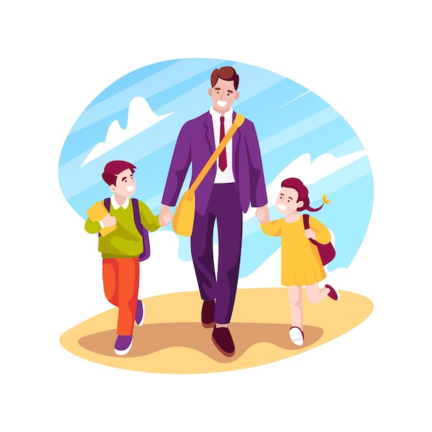 Samen wandelen naar school geïsoleerde cartoon vectorillustratie