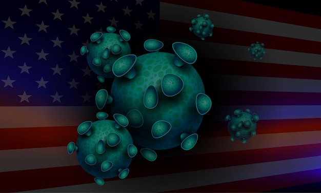 Samenstelling met silhouetten van elementen van de vlag van amerika in groene schaduw van coronavirus.