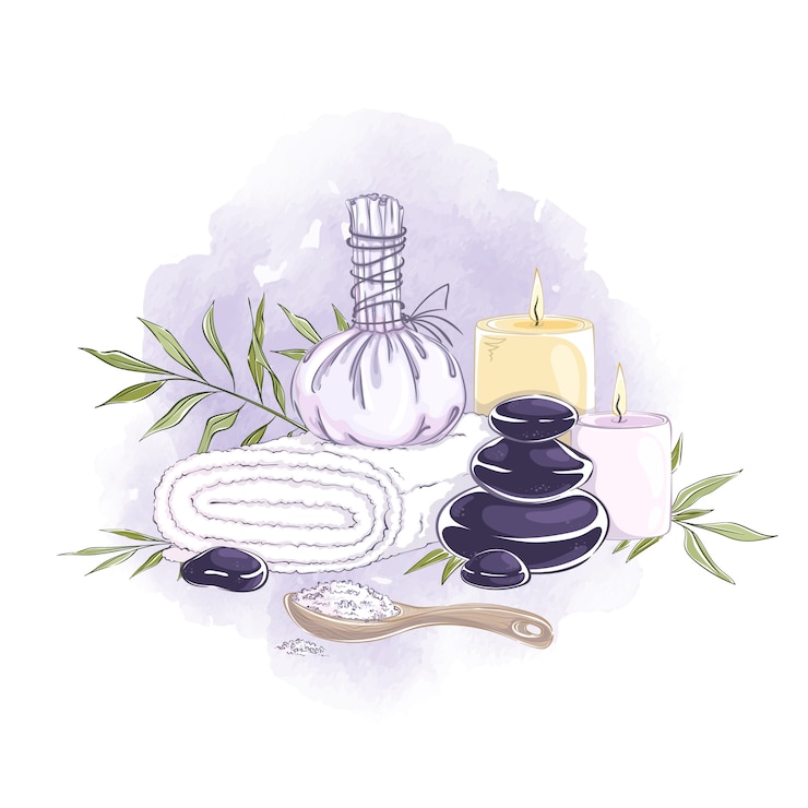 Vector samenstelling van accessoires voor aromamassage en spabehandelingen.