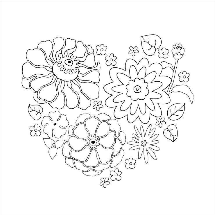 Vector samenstelling van bloemen en bladeren in de vorm van een hart zwarte en witte vector contour op een witte