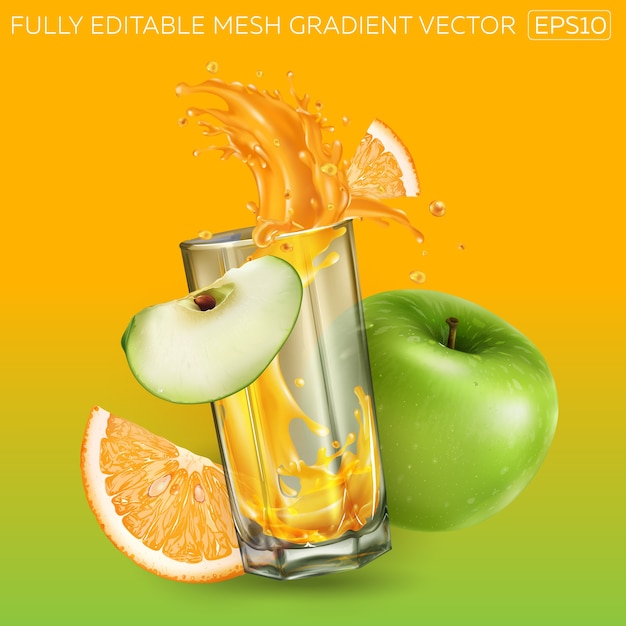 Samenstelling van groene appel, sinaasappel en een glas met een dynamisch scheutje vruchtensap.