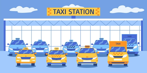 Vector samenstelling van het taxipark met vooraanzicht van het gebouw van het automobielstation met verschillende soorten gele cabinesillustratie