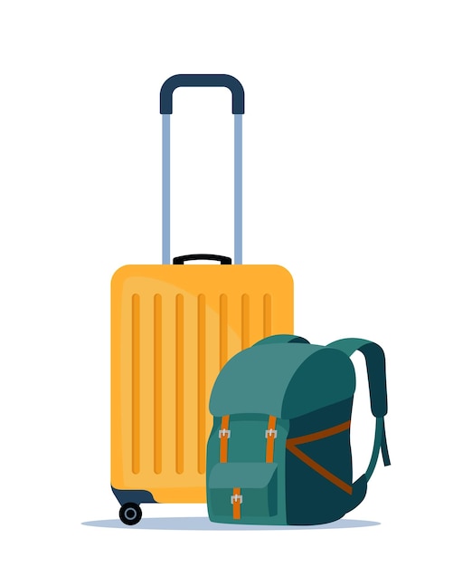 Vector samenstelling van reiskoffers koffer en rugzak toeristenkoffer reis- en avontuurlijke bagage
