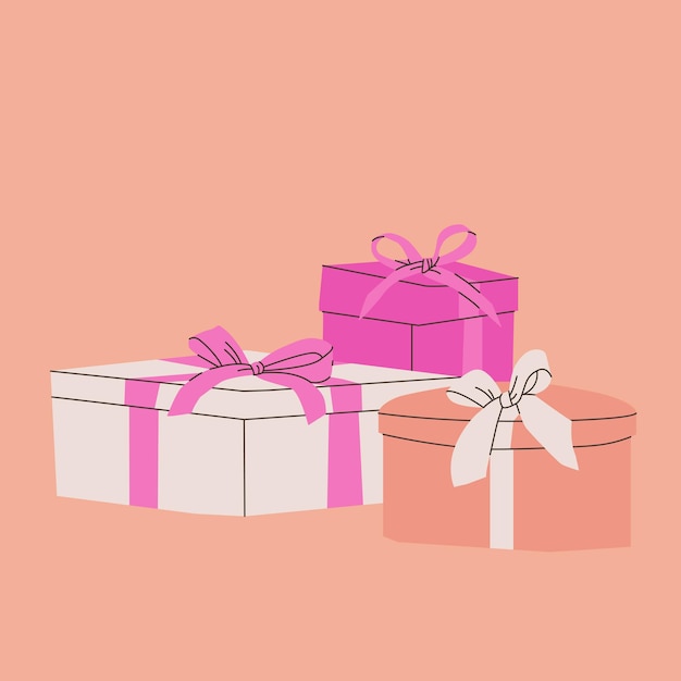 Samenstelling van verschillende geschenkdozen met strikken Vector platte geïsoleerde illustratie voor ontwerp Roze beige en witte kleuren