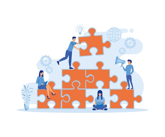 Vector samenwerkend teamwerk bouwen een bedrijfsteam mensen die puzzeltjes met elkaar verbinden