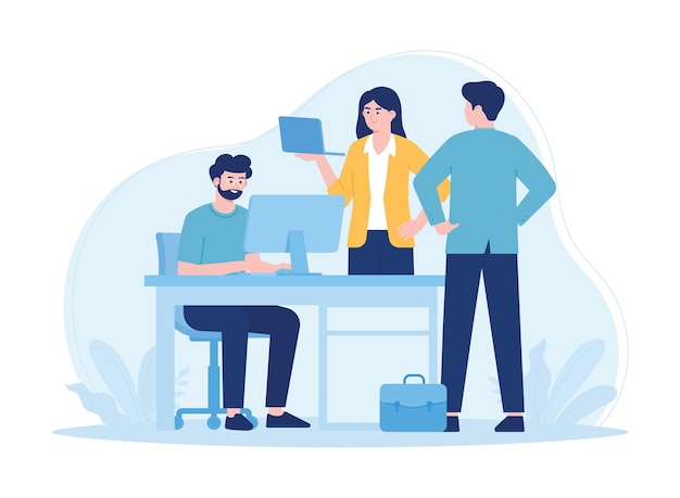 Samenwerkende zakenmensen die bijeenkomen om taken met laptops te bespreken concept plat illustratie