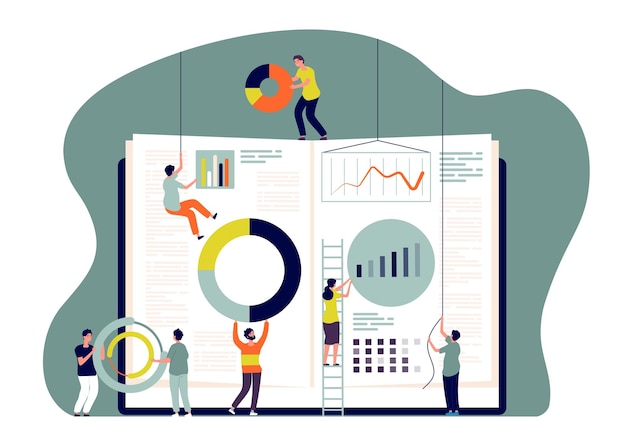 Vector samenwerking concept. mensen voegen grafieken in het boek in, werknemers bouwen zakelijke statistieken op. werk samen en leer samen vector afbeelding. illustratie mensen uit het bedrijfsleven teamwerk, samen werken team