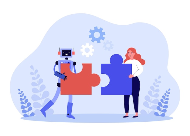 Samenwerking en partnerschap tussen robot en mens. Vrouw en machine verbindende puzzel samen platte vectorillustratie. AI, automatiseringsconcept voor banner, websiteontwerp of bestemmingswebpagina
