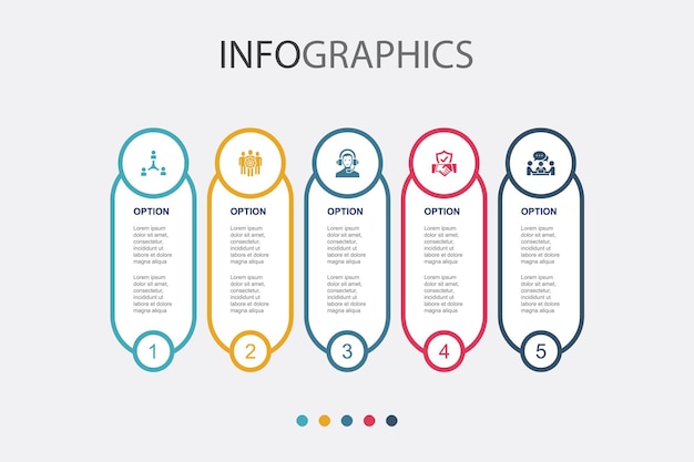 Samenwerking teamwerk ondersteuning vertrouwen communicatie iconen Infographic ontwerpsjabloon Creatief concept met 5 stappen