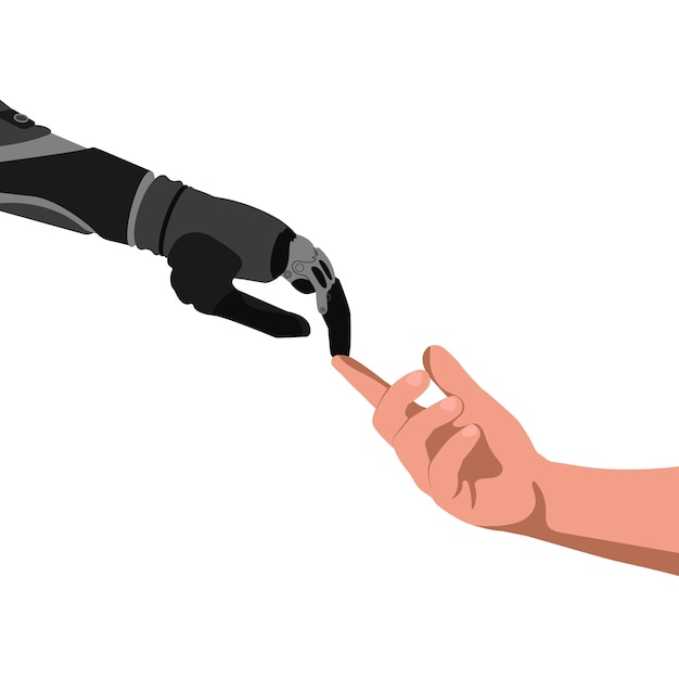 Vector samenwerking tussen mens en robot robothand en menselijke hand
