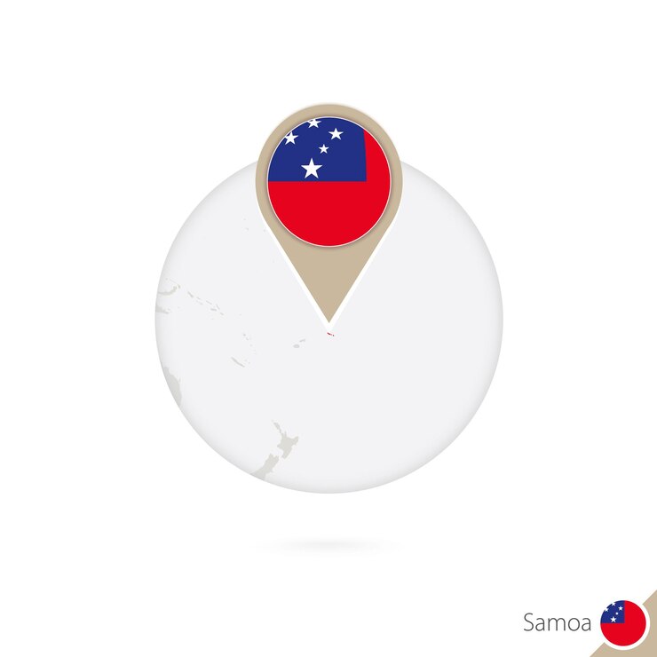 Vector samoa map and flag in circle. map of samoa, samoa flag pin. map of samoa in the style of the globe. vector illustration.