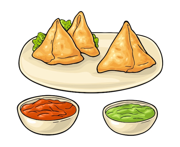 Samosa on board with sauces in bowl. Indian traditional food. color flat illustration. Isolated on white background.