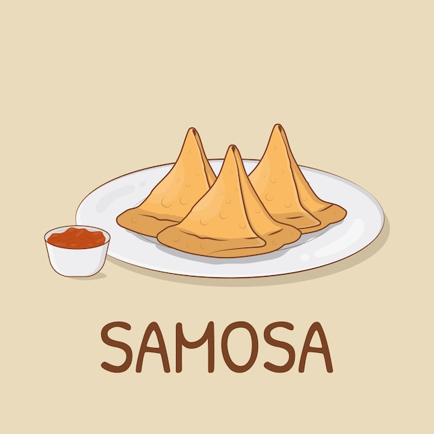 Samosa met illustratie van het saus de indische straatvoedsel