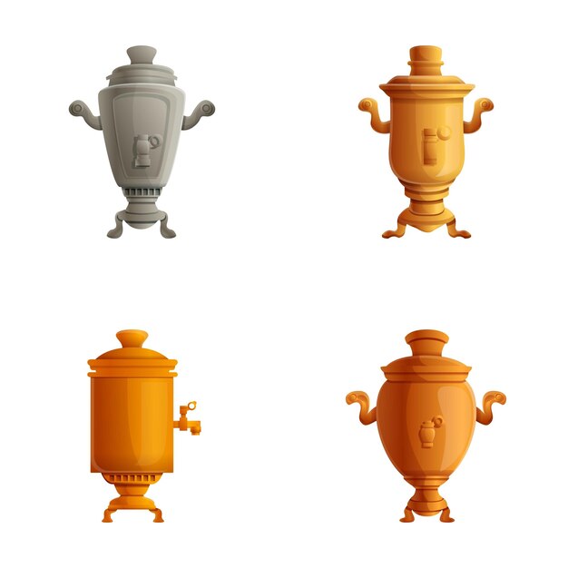 Vector samovar iconen set cartoon vector hot drink productie apparatuur traditionele russische samovar