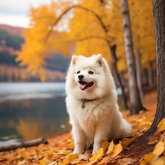 Razza di cane samoiede con un fondo colorato di foreste e laghi