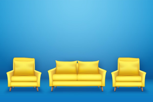 Образец внутренней сцены с современным желтым диваном со стульями на синей стене.