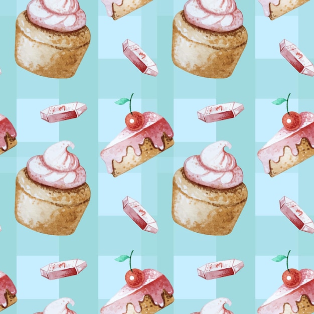 Sample with different sweets Watercolor seamless pattern