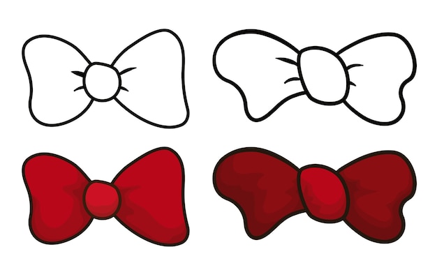 Vector samples of bow ties two in outlines styles to coloring and the others in red color and cartoon style