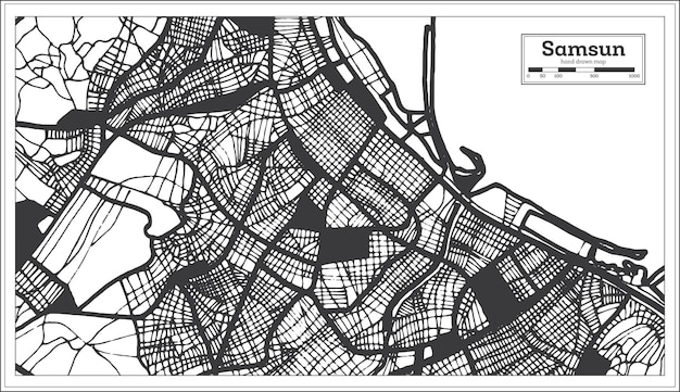 Mappa della città di samsun turchia in colore bianco e nero in una mappa di contorno in stile retrò