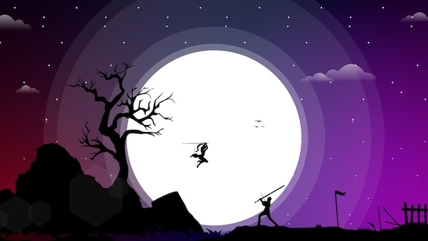 Premium Vector | Samurai anime wallpaper. female swordsman jumps to attack the enemy. duel. two swordsmen fighting. Premium Vector | Samurai anime wallpaper. female swordsman jumps to attack the enemy. duel. two swordsmen fighting.