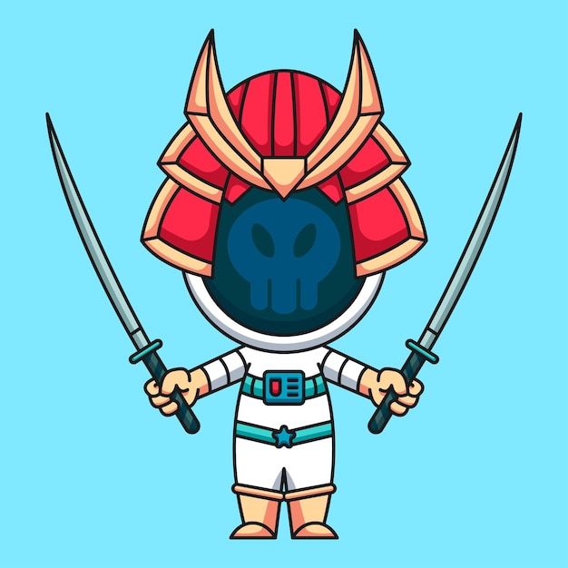 Samurai astronaut wearing two katana cute cartoon icon illustration