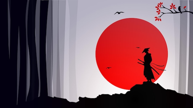 Sfondo di samurai. samurai giapponese con una spada. luna rossa. samurai con due spade walpaper.